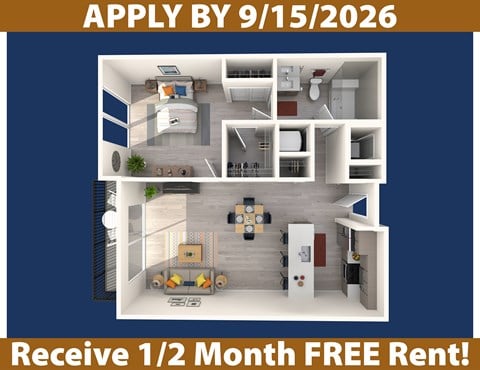 Floor plan for 1 bed, 1 bath, 780 sqft